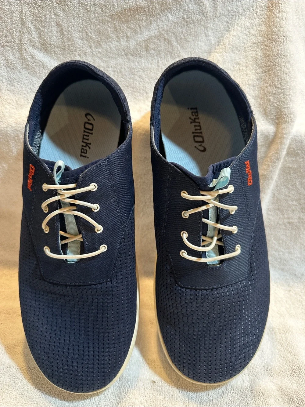 OluKai NOHEA MOKU Men’s Sz 9.5 D Coastal Blue Canvas/Mesh Nautical SlipOn Shoes